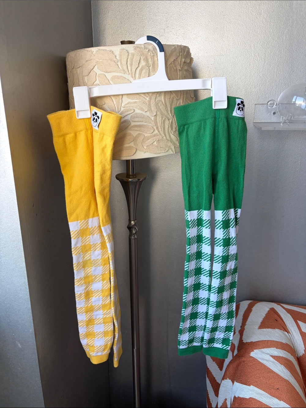 Mini Rodini Yellow & Green Gingham tights/leggings with Panda Patch